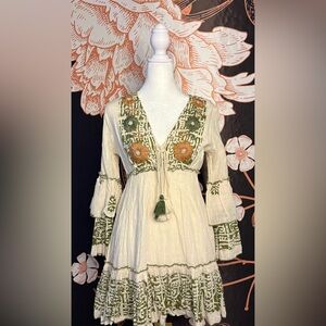 Papa Pia Cream Boho Long-Sleeve V-Neck Dress with Olive & Mocha Embroidery